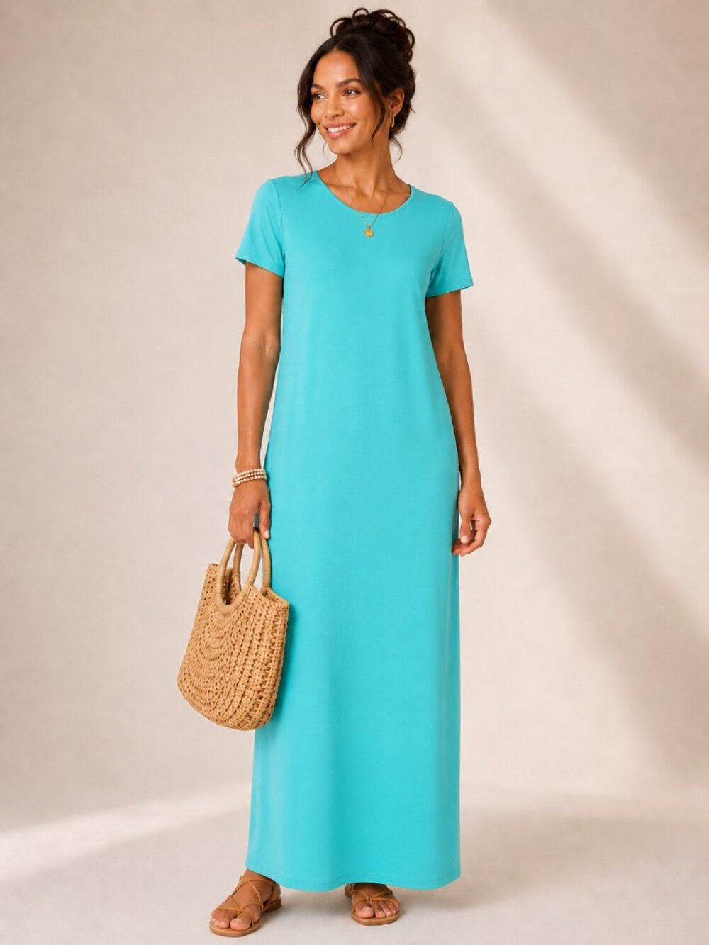 Zenana Turquoise Short Sleeve Maxi Dress Large Crew Neck Casual NWOT